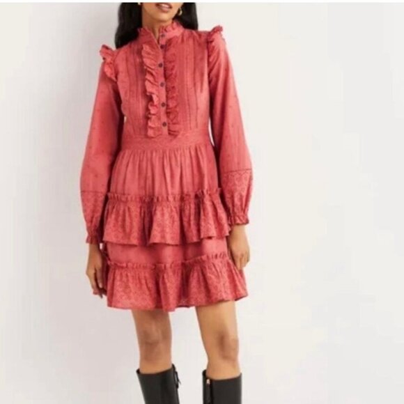 Boden Mixed Broderie Shirt Dress in Dusty Red - Picture 1 of 11